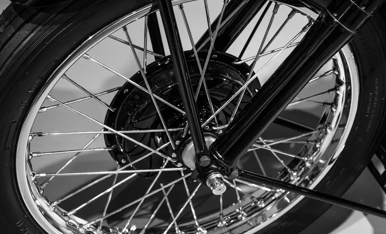 Close-up of a bicycle wheel showing hub and spokes